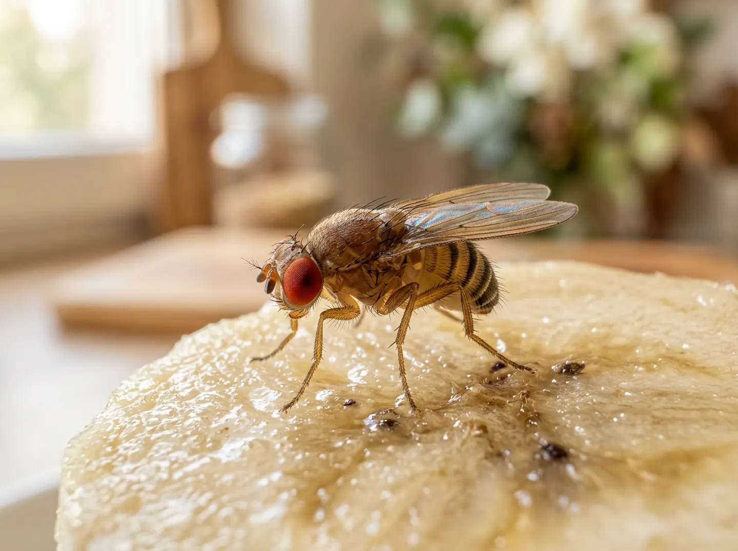 A close-up of a small fruit fly with red eyes resting on a slice of ripe banana