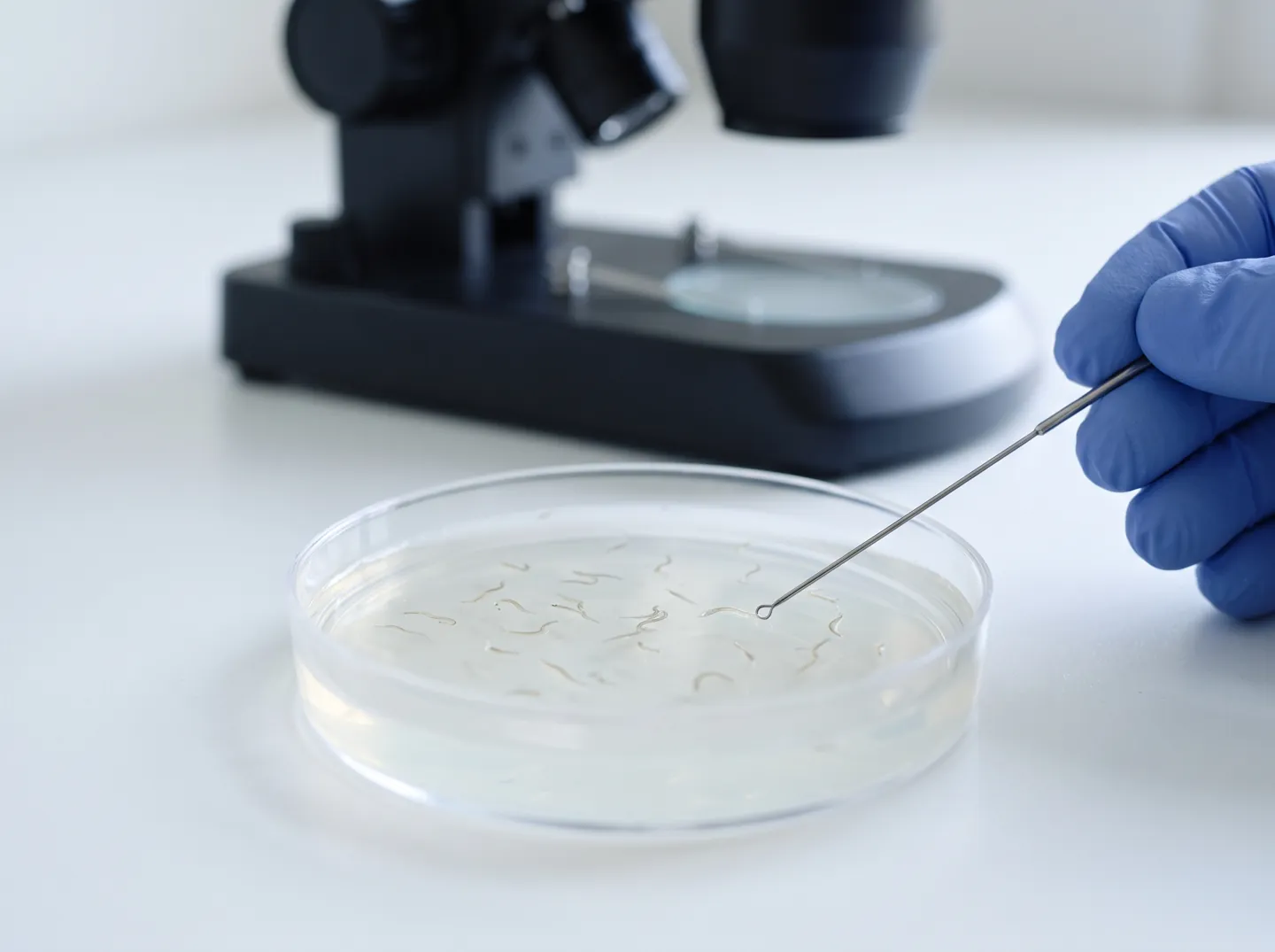 A clear agar plate under a laboratory microscope, with tiny pale worms visible on its surface