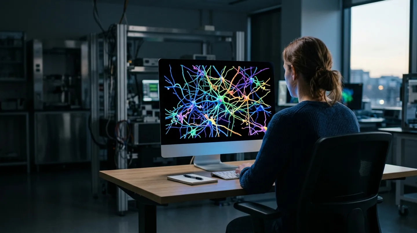 A researcher seen from behind at a desk in a dim lab, looking at a large screen showing a colourful tangle of reconstructed nerve cells